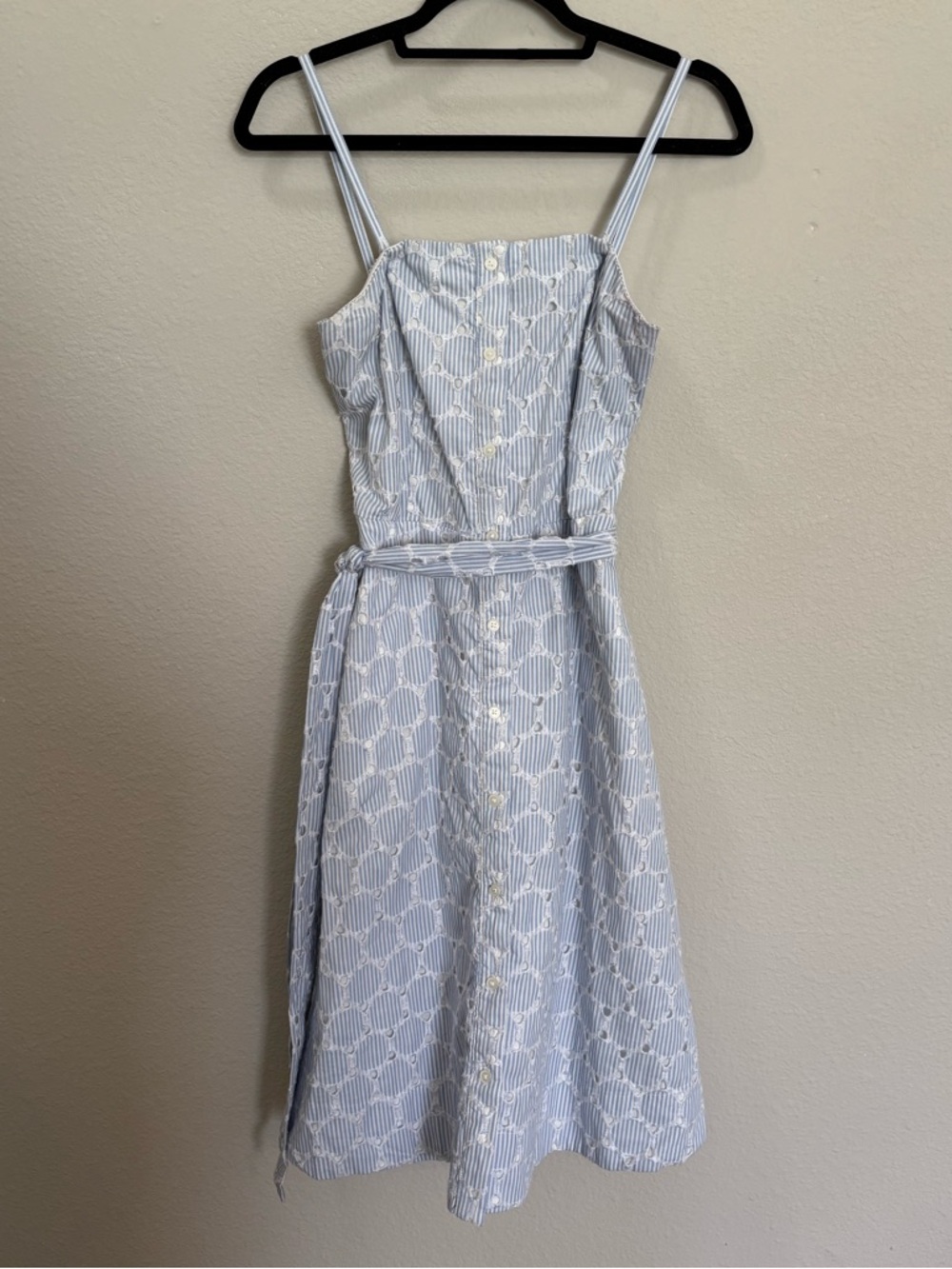 Banana Republic Blue & White Striped Eyelet Belted Sleeveless Midi Dress Size 4